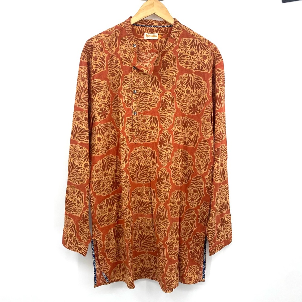 Fabindia Indian Tunic Shirt Men’s XL Cotton Ethnic Orange Patterned Long Sleeve‎